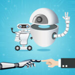 Inteligencia artificial representada por humanos e robos interagindo em harmonia tecnologica