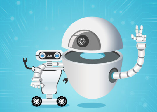Inteligencia artificial representada por humanos e robos interagindo em harmonia tecnologica