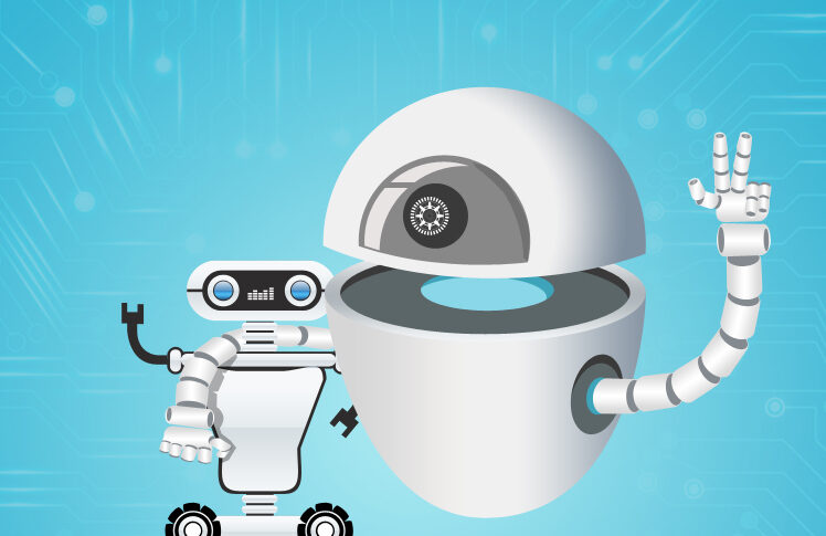 Inteligencia artificial representada por humanos e robos interagindo em harmonia tecnologica