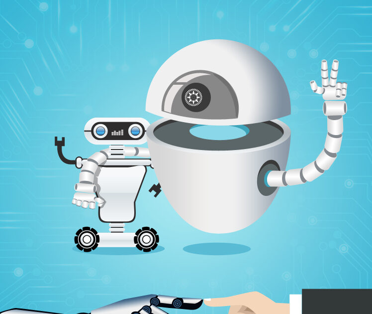 Inteligencia artificial representada por humanos e robos interagindo em harmonia tecnologica